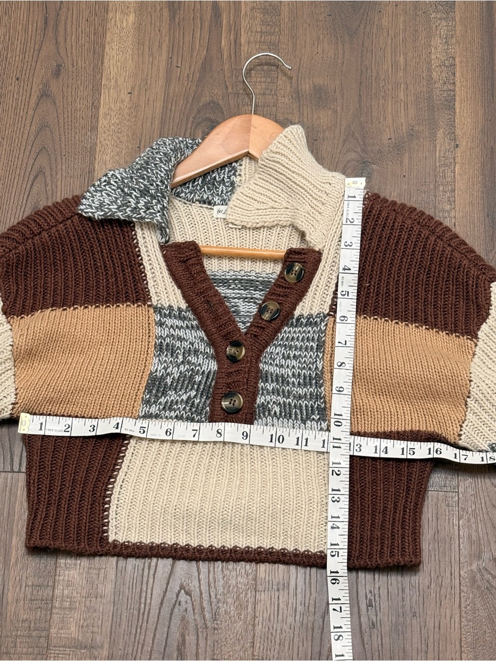For Love & Lemons Patchwork Brown Cropped V Neck Puff Sleeve Knit Sweater Small - Picture 4 of 5